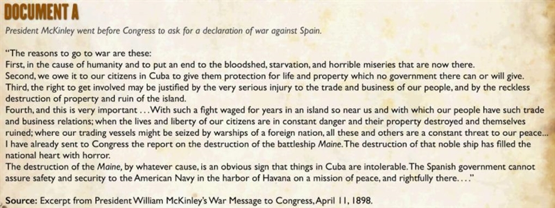 bassed on McKinley's speech, describe the state of affairs in cuba. How was this justifcation-example-1