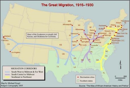 By looking at the map list 5 cities that African American’s moved to between 1916-1930-example-1