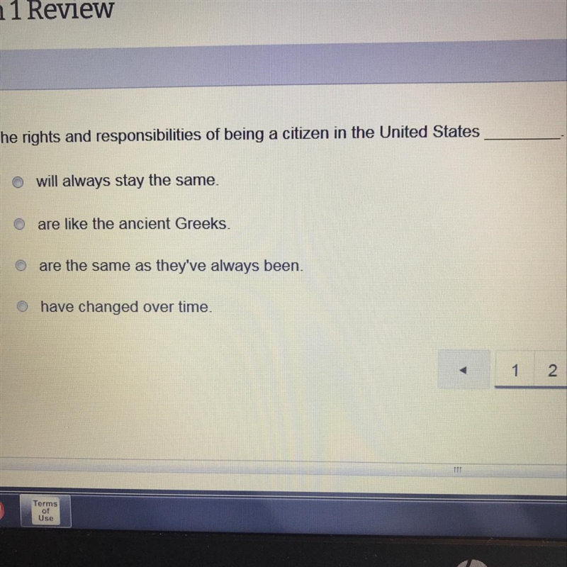 The rights and responsibilities of being a citizen in the United States A) will always-example-1