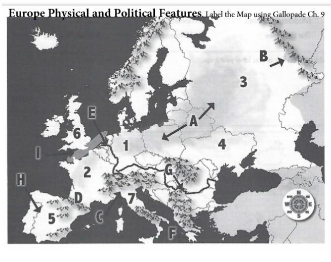 Using the map above, what is located at letter E? Rhine River Amazon River-example-1