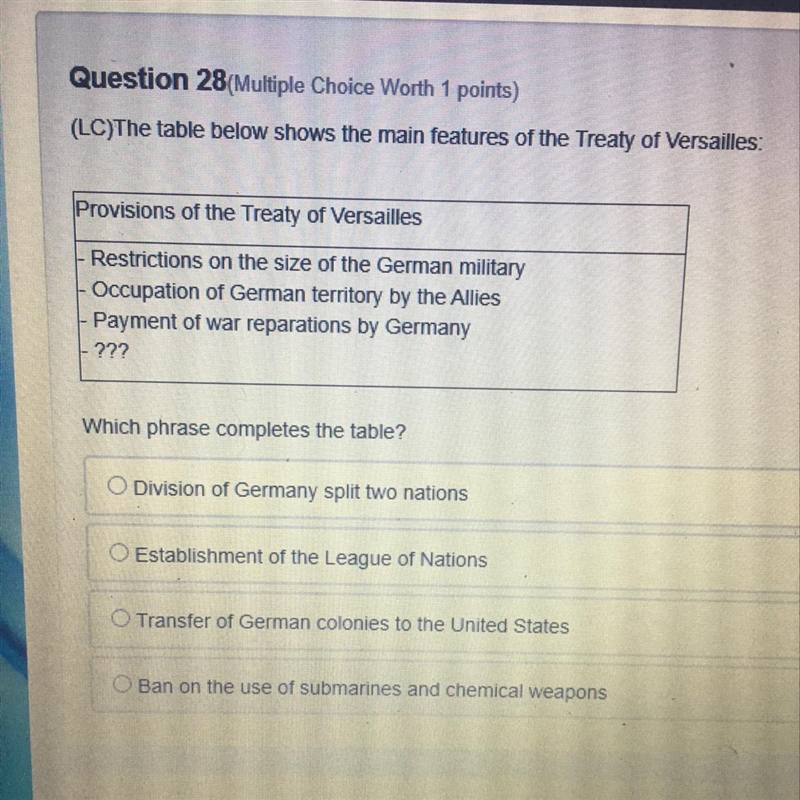 The table below shows the main features of the treaty of Versailles Which phrase completes-example-1