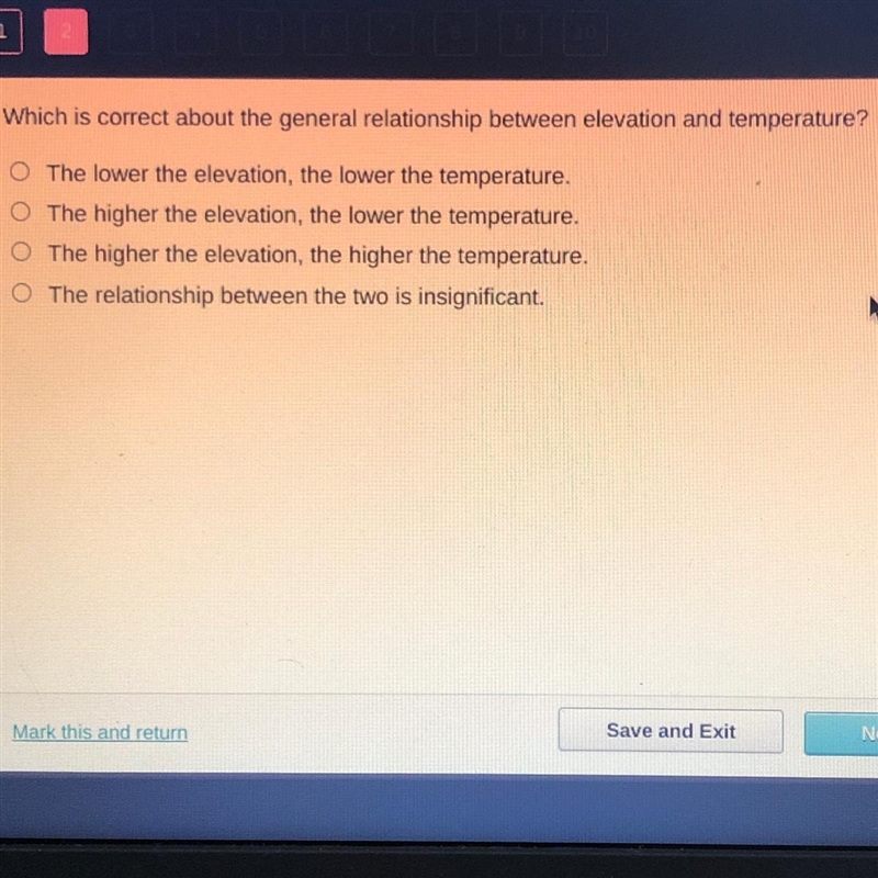 Which is correct about the general relationship between elevation and temperature-example-1