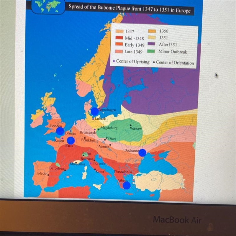 According to the map, which city would have been among the last to be affected by-example-1