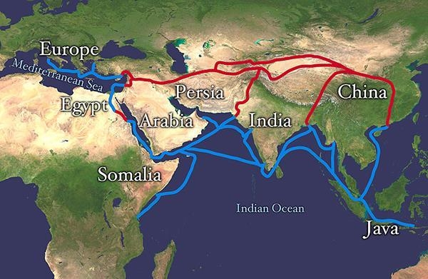 According to the map, which was true of the sea route of the Silk Road? It allowed-example-1