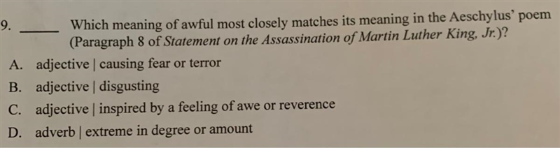 Which meaning of awful most closely matches it’s meaning in the Aeschylus’ poem (Paragraph-example-1