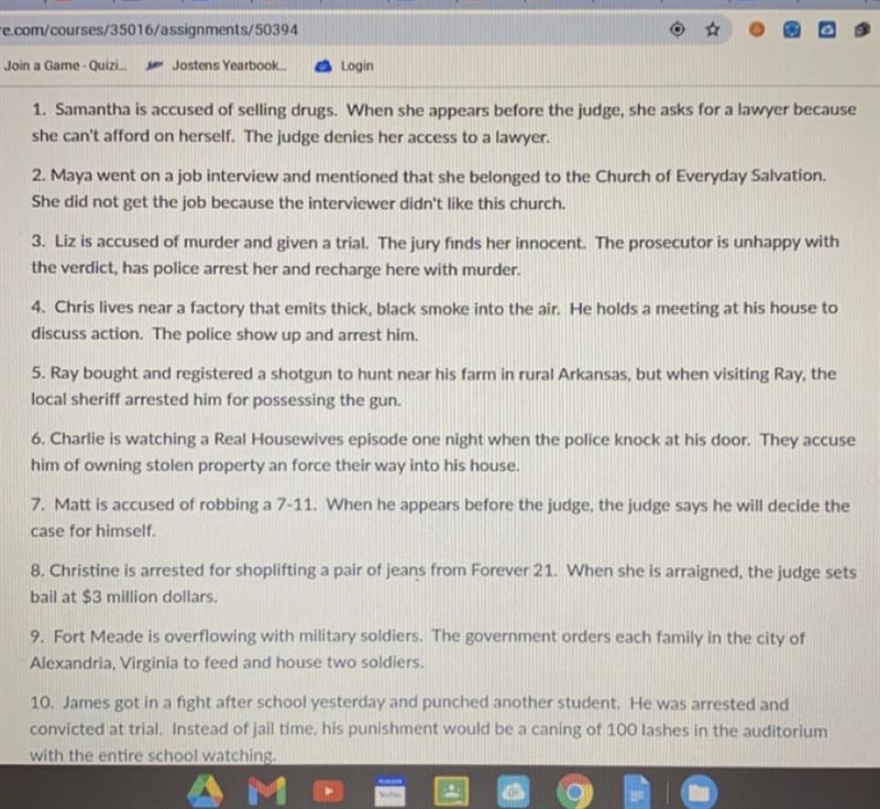 Decide which amendment is being violated for questions 1-10 . pls help it’s due today-example-1