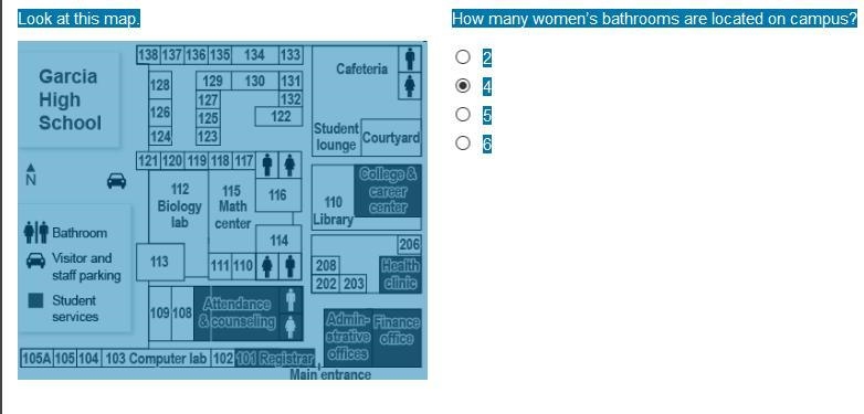 Look at this map. How many women’s bathrooms are located on campus? 2 4 5 6-example-1