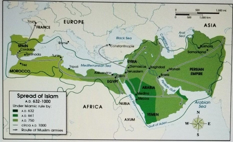 The following map shows the spread of Islam from 632 A.D. (CE) to 1000 A.D. (CE). Use-example-1