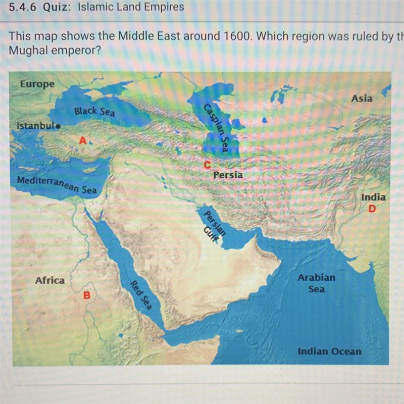 This map shows the Middle East around 1600. Which region was ruled by the Mughal emperor-example-1