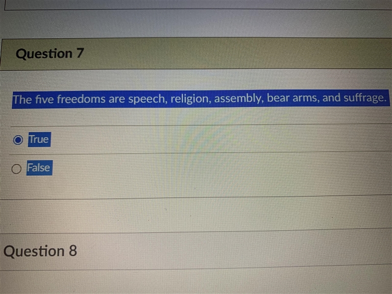 The five freedoms are speech, religion, assembly, bear arms, and suffrage. Group of-example-1