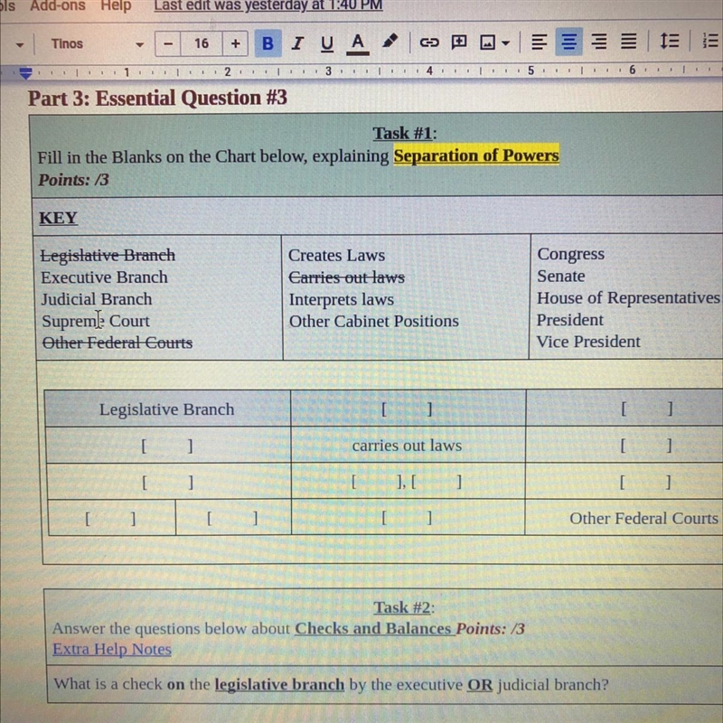 Fill in the Blanks on the Chart below, explaining Separation of Powers Points: 3 KEY-example-1