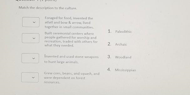 Match the description to the culture. Foraged for food, invented the atlatl and bow-example-1