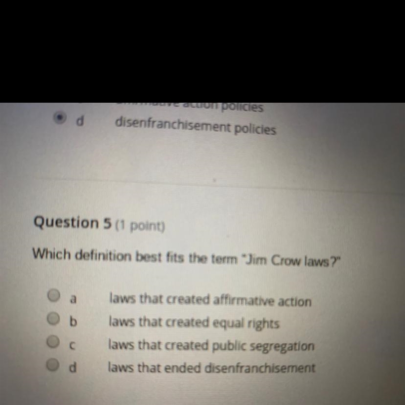 Which definition best fits the term Jim Crow laws-example-1