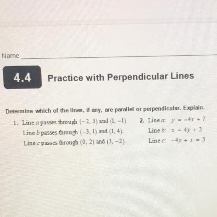 Determine which of the lines, if any, are parallel or perpendicular. Explain.-example-1