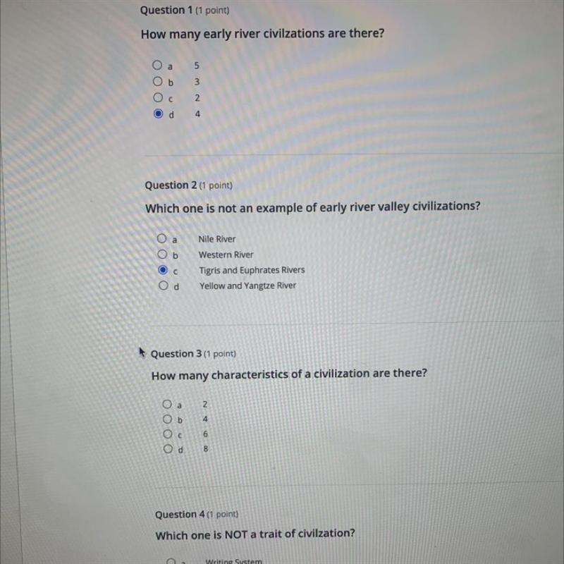 15 POINTS How many characteristics of a civilization are there? A.) 2 B.) 4 C.) 6 D-example-1