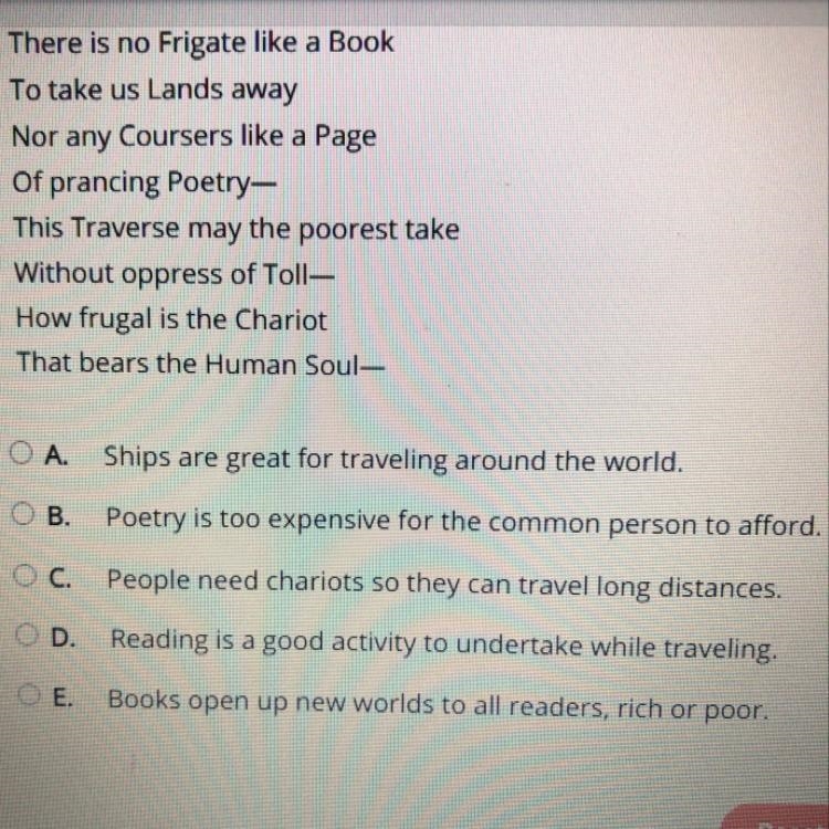 Read “ A Book” by Emily Dickson. What is the main idea of the poem?-example-1