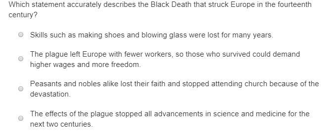 Which statement best describes that stuck the Europe black death in the 14th century-example-1