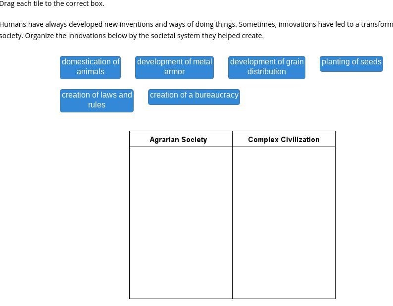 Drag each tile to the correct box. Humans have always developed new inventions and-example-1