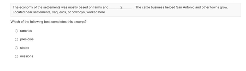 Fill in the blank The economy of the settlements was mostly based on farms and ______?_____. The-example-1