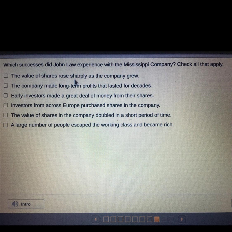 Successes did John Law experience with the Mississippi Company? Check all that apply-example-1