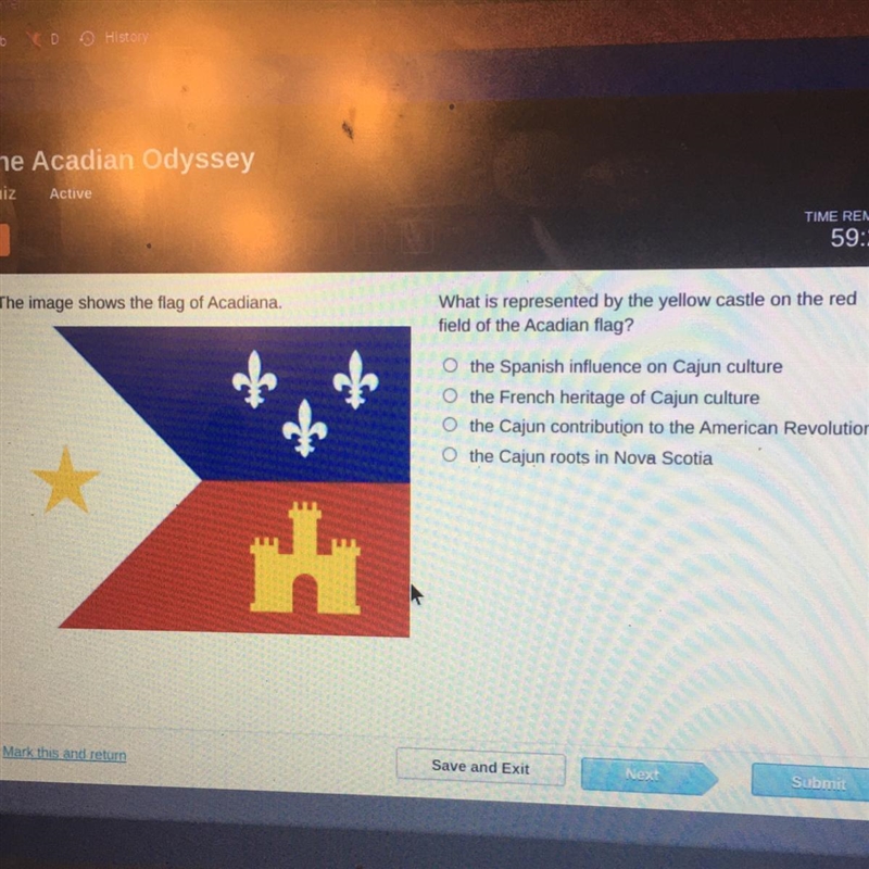 What is represented by the yellow castle on the red field of the Acadian flag? O the-example-1