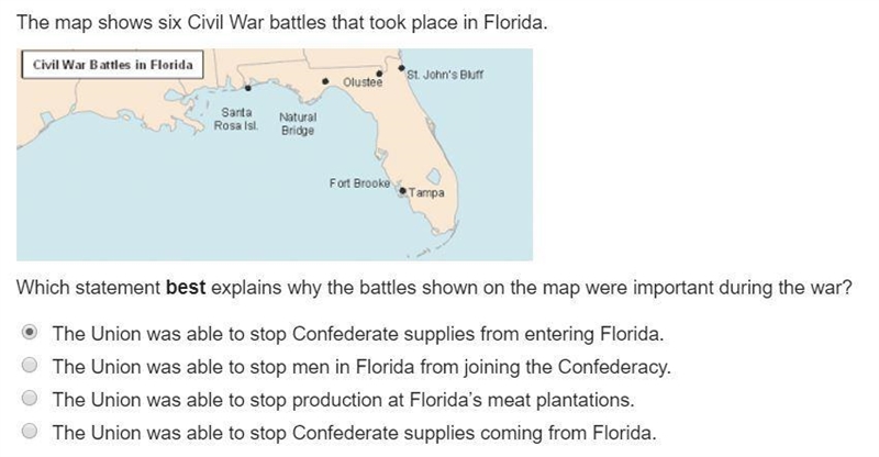 URGENT! The map shows six Civil War battles that took place in Florida. Which statement-example-1