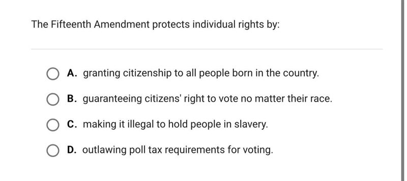 HELP ASAP!! ✨ The Fifteenth Amendment protects individual rights by:-example-1