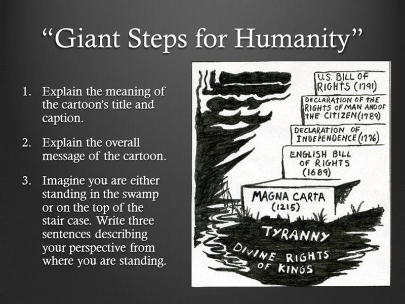 What is the message of the political cartoon called “Giant steps for Humanity”-example-1