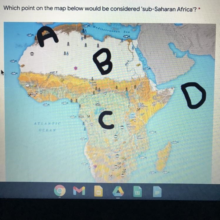 Which point on the map below would be considered 'sub-Saharan Africa'?* A B D Victor-example-1