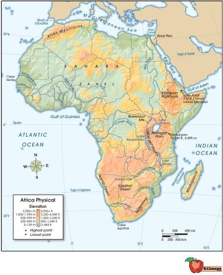 Use the map of Africa below to answer the following question: What geographical feature-example-1