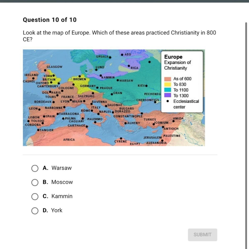 Look at the map of Europe. Which of these areas practiced Christianity in 800 CE?-example-1