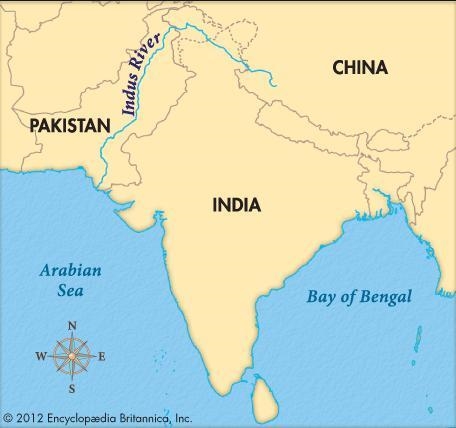 Which location on the map shows the Indus River? A B C D-example-1