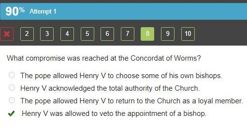 What compromise was reached at the Concordat of Worms? 1)The pope allowed Henry V-example-1