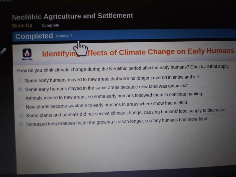 How do you think climate change during the Neolithic period affected early humans-example-1