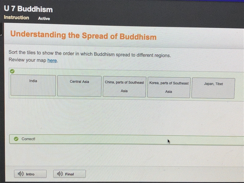 Sort the tiles to show the order in which Buddhism spread to different regions. Review-example-1