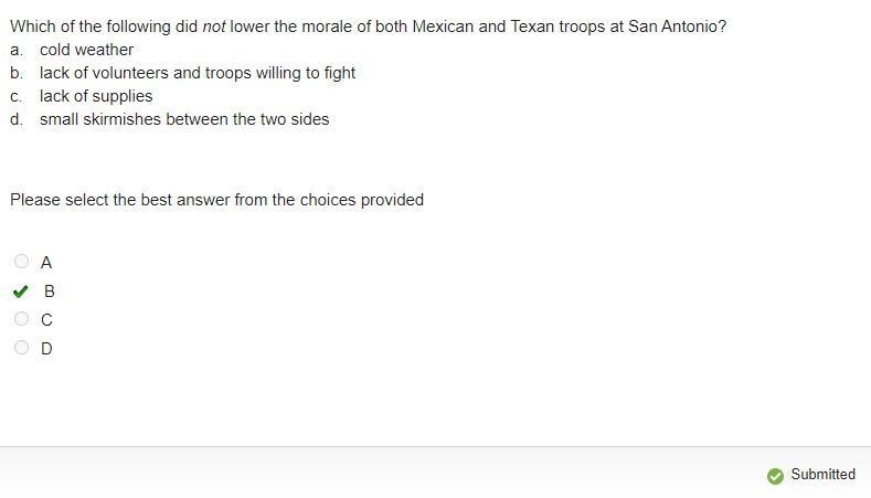 Help pls! Which of the following did not lower the morale of both Mexican and Texan-example-1