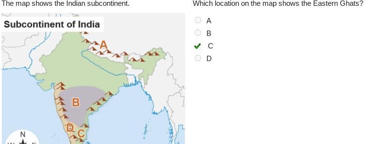 Which location on the map shows the Eastern Ghats? The map shows the Indian subcontinent-example-1