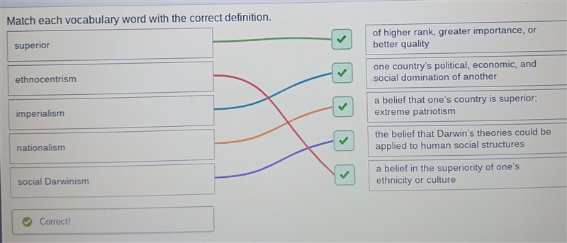 Match each vocabulary word with the correct definition ethnocentrism of higher rank-example-1