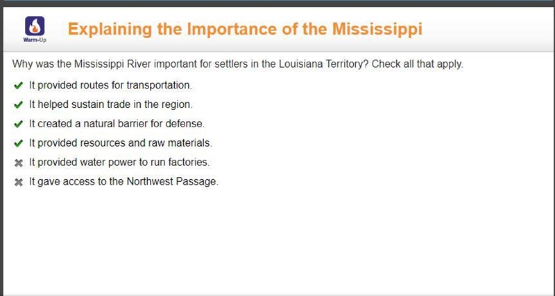 Why was the Mississippi River important for settlers in the Louisiana Territory? Check-example-1