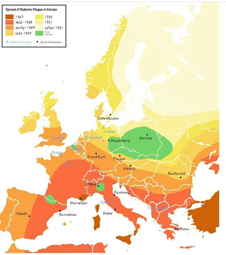 Which conclusion is supported by BOTH the map and the article? A The plague moved-example-1