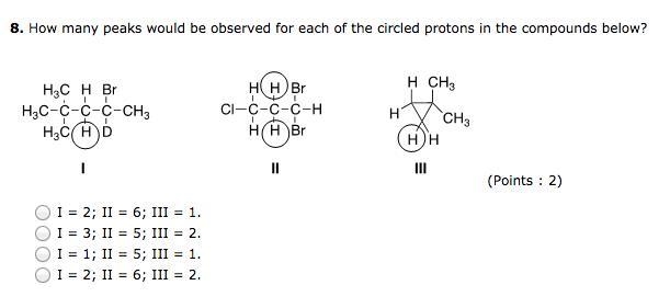 How many peaks would be observed for each of the circled protons in the compounds-example-1