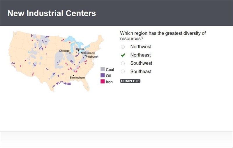 Which region has the greatest diversity of resources? o Northwest Northeast Southwest-example-1