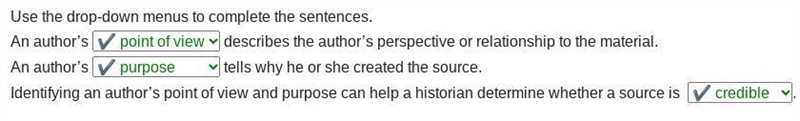 Use the drop-down menus to complete the sentences. An author's describes the author-example-1