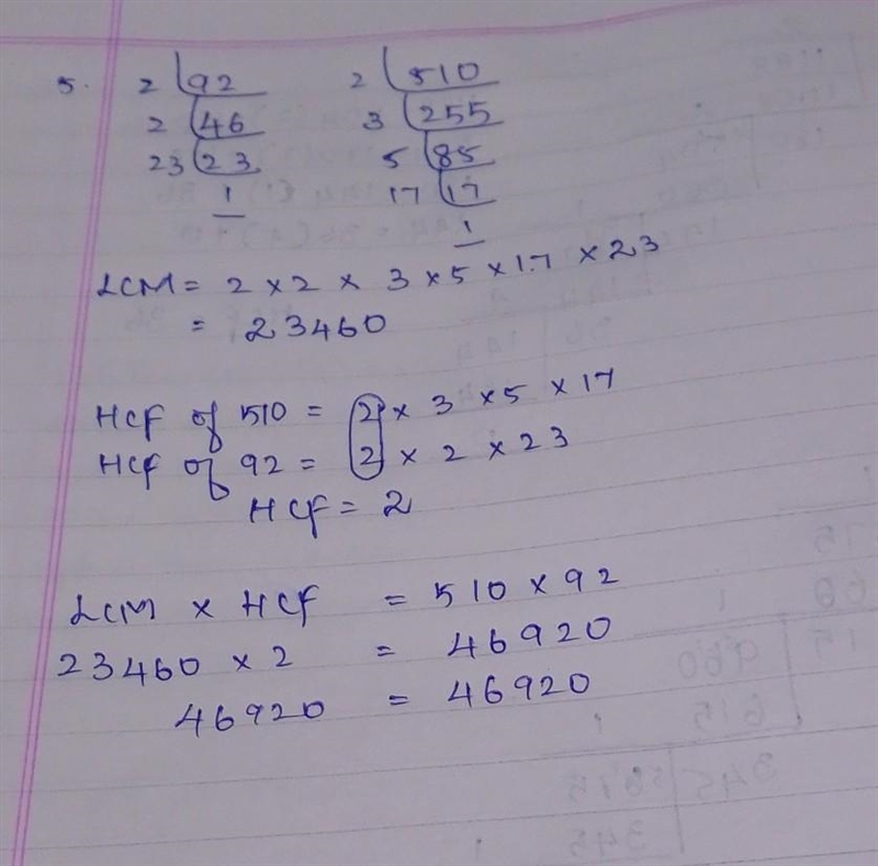 2. Find the HCF and LCM of 510 and 92 and also verify it.​-example-1