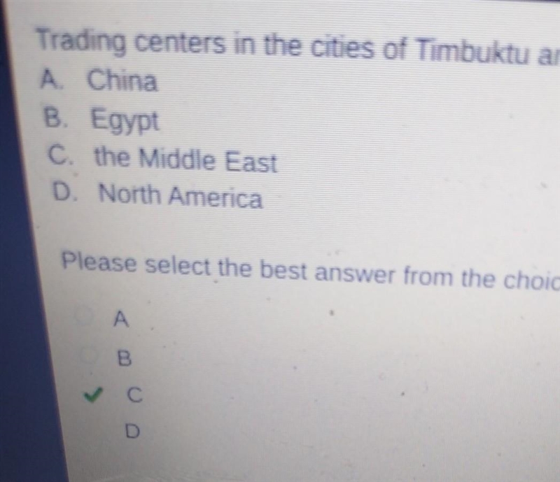 Trading centers in the cities of Timbuktu and Jenna connected Africa, Europe, and-example-1