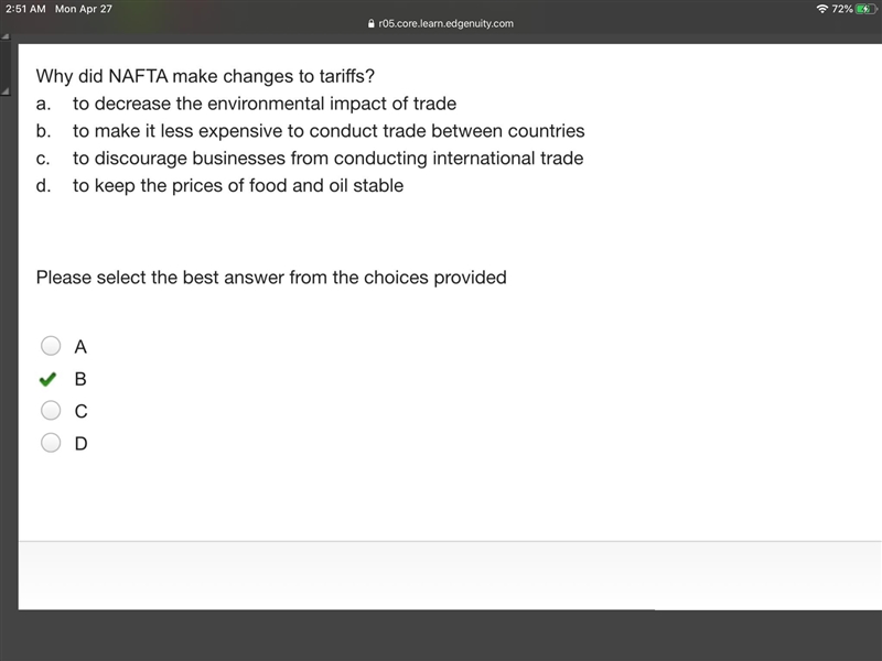 Why did NAFTA make changes to tariffs? a to decrease the environmental impact of trade-example-1