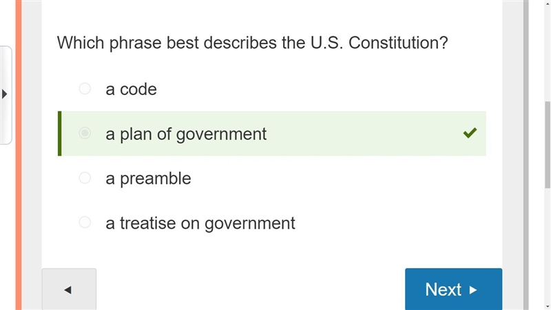 Which phrase best describes the U.S. Constitution? A. a treatise on government B. a-example-1