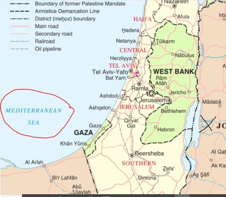 Palestine borders what body of water? A) Red Sea B) Black Sea C) Baltic Sea D) Mediterranean-example-1