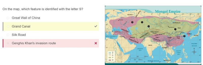 On the map, which feature is identified with the letter S? A.Silk Road B.Great Wall-example-1