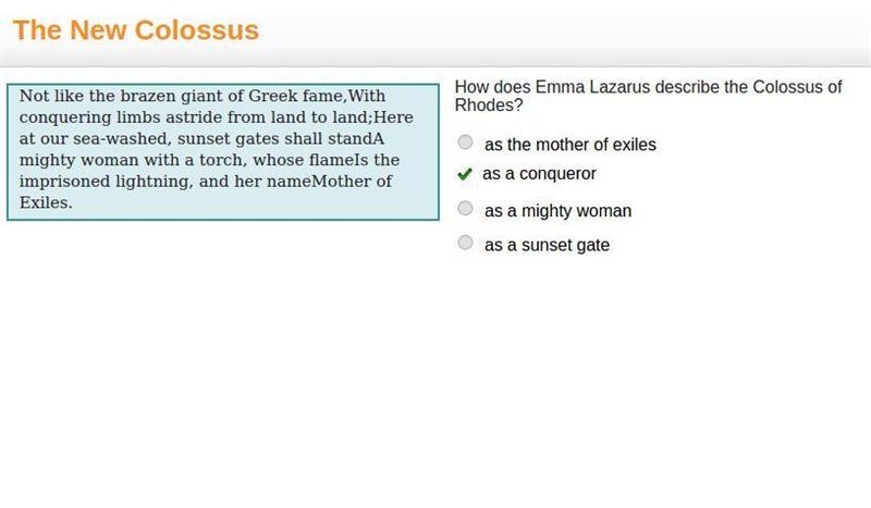 How does Emma Lazarus describe the Colossus of Rhodes? as the mother of exiles as-example-1